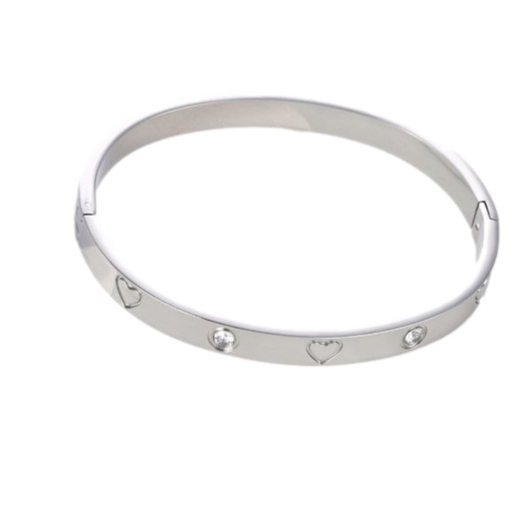 Stainless Steel Bangle with Cubic Zirconia & Engraved Hearts - Picture 1 of 5
